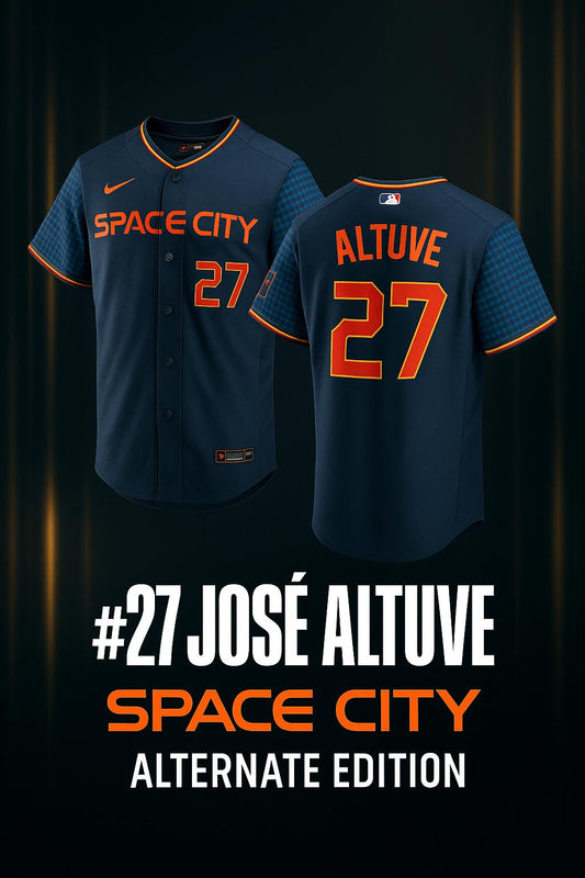 José Altuve #27 “Space City” Jersey | Astros Alternate Baseball Jersey – Navy/Orange